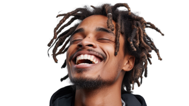 Young man with dreadlocks is laughing with eyes closed on transparent background