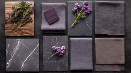 A moodboard featuring dark slate marble, rich walnut wood, muted gray fabrics, and small purple flowers