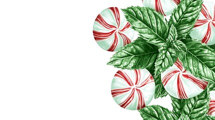 Naklejka premium A festive arrangement of peppermint candies and mint leaves on a white background.