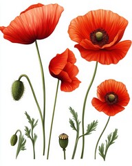 Fototapeta premium Vibrant red poppies in full bloom against a white background. A botanical illustration showcasing the beauty of these delicate flowers.