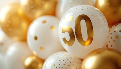 Golden fiftieth anniversary theme with white and gold balloons background. Number 50 on white balloon. Party invitation, golden wedding, birthday celebration decor, festive jubilee event template.