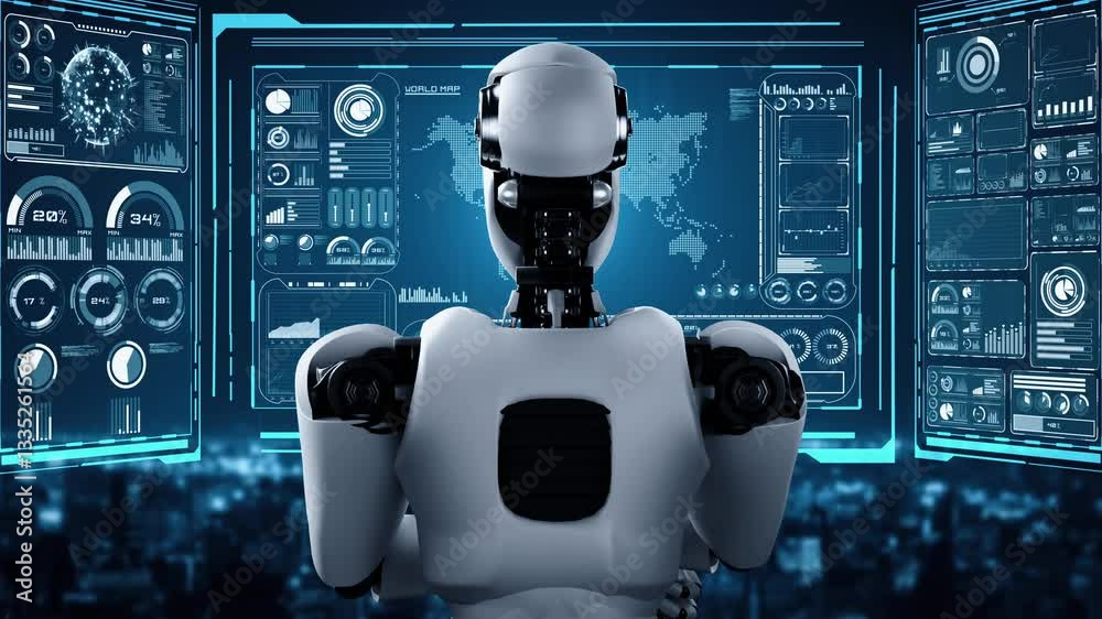 Poster thinking ai hominoid robot analyzing hologram screen showing concept big data analytic using artific
