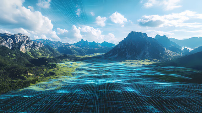 Digital grid landscape: a 3d illustration of a digital grid overlaying a landscape. Natures Internet. Illustration
