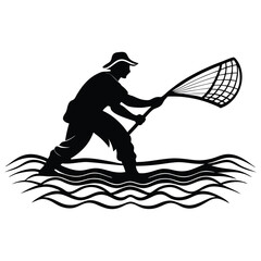 Fisherman casting a net silhouette, A fisherman holding a fishing net silhouette vector design art and illustration