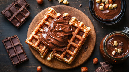 Fototapeta premium A tempting image of warm waffles generously drizzled with smooth chocolate spread, topped with crunchy hazelnuts.