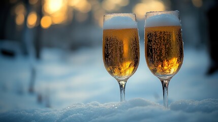 Two glasses of beer in the snow at sunset