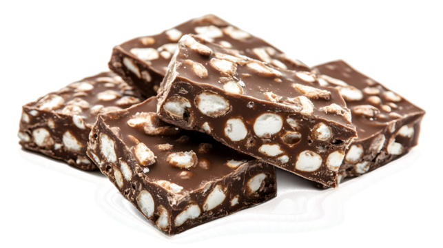 A chocolate bar with nuts is cut into four pieces and stacked on top of each other. Concept of indulgence and satisfaction, as the chocolate and nuts are a popular combination for a sweet treat