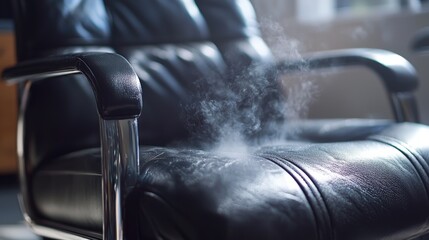 High-temperature steam disinfects a black leather office chair with a shining finish