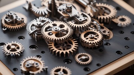 Close-up of Intricate Mechanical Gears and Cogs Arranged on a Dark Surface for Engineering and Design Inspiration