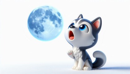 Fototapeta premium Curious puppy howling at full moon cartoon scene nighttime playful atmosphere close-up