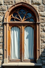 Obraz premium Intricate carved wooden arched window, weathered patina, handmade, element