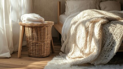 Obraz premium A cozy home setting featuring a wooden laundry basket placed beside a small side table.