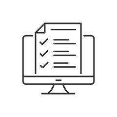Desktop computer with digital questionnaire flat line icon. Vector thin sign of online test result, education logo. Survey outline illustration.Web