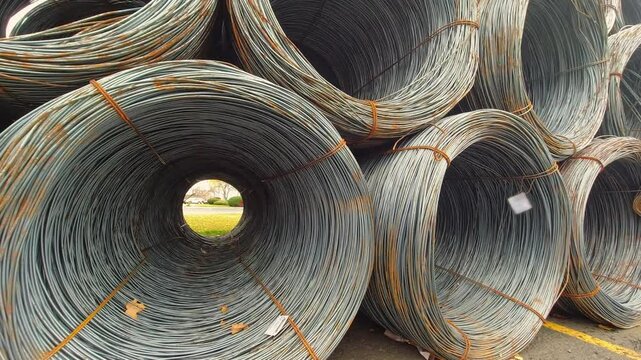 Giant rolls of wire steel. Canadian steel industry products subjected to United States tariffs for manufactured steel produced in Canada. US and Canada trade war. Steel is a vital part of the Canadian