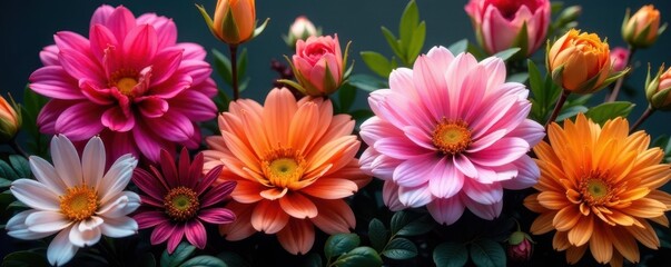 Golden accents adorn a fanned arrangement of vibrant blooms , arrangement, red, image