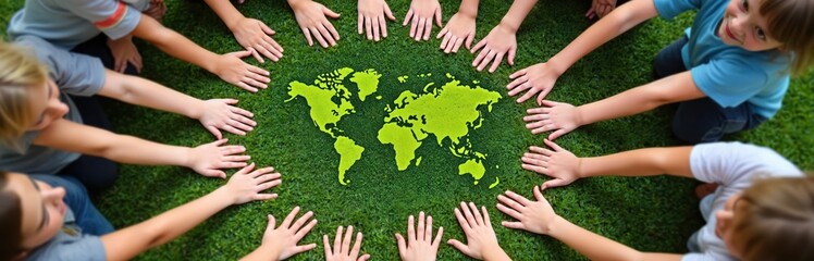 Children surround green world map on grass. Kids hands symbolize unity for Earth Day. Cooperation to save planet, eco responsibility, social governance, sustainable development goals.