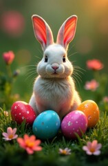 Lovely little bunny surrounded by vibrant Easter eggs and colorful wildflowers in sunlit garden, portraying cheerful spirit of springtime. Perfect illustration for heartwarming holiday cards.