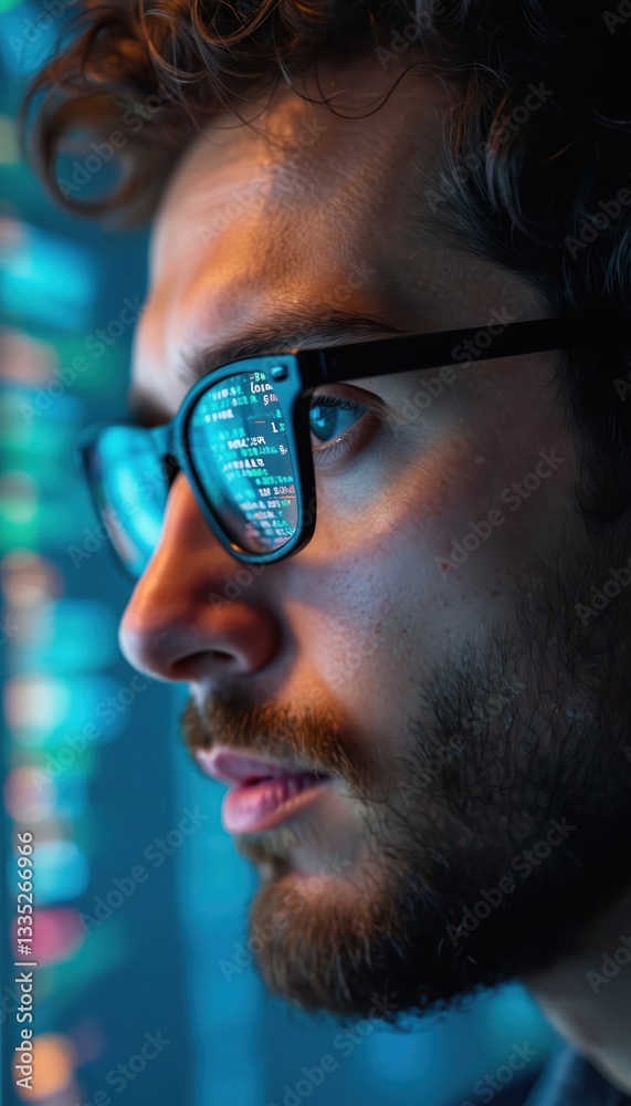 Aufkleber Close-up portrait of software engineer working on computer. Code reflecting in glasses. Developer works on innovative e-commerce application using machine learning. Focus on man in glasses looking