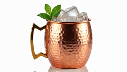 Isolated copper Moscow Mule mug filled ice, fresh mint on white background. Shiny, chilling herbal refreshment drink. Traditional stylish kitchen utensile, happy hour, party, celebration, minimalist