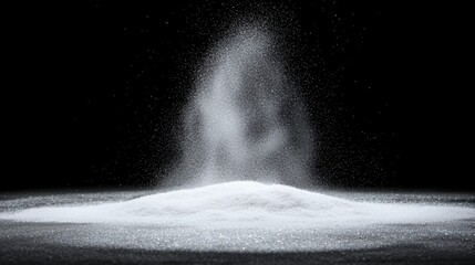 A pile of white sugar crystals being blown away by a gust of wind.
