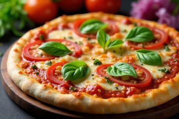 Close up vibrant raw pizza with colorful vegetable toppings , market, cuisine, food photography