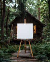 Secluded wooden cabin in the forest with an empty easel set up for painting at sunset