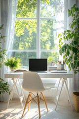 Bright workspace with greenery and natural light in a calm home office environment