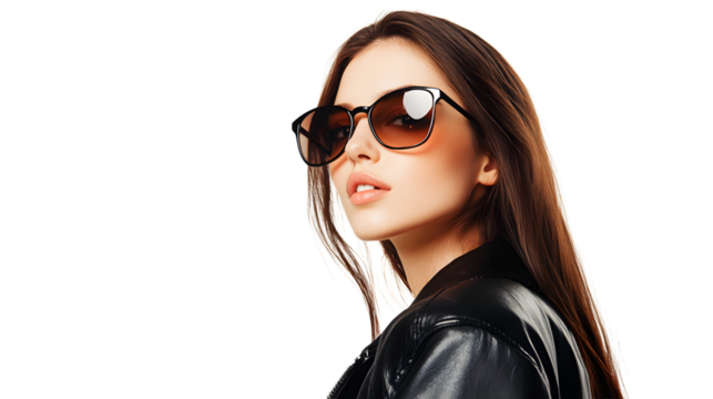 Stylish woman with sunglasses, wearing a black leather jacket, on a clean white studio backdrop.