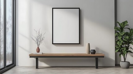 A minimalist interior scene featuring a wooden bench, vases, and a blank wall for art display.