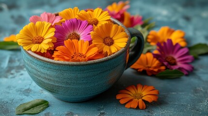 Vibrant flowers in a teal ceramic bowl