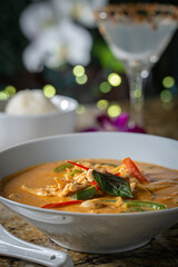Thai Red Curry with a side of rice and a lychee martini.