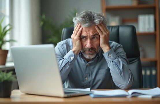 Desperate gray-haired man holds head at desk front of laptop. Burnout, business failure concept. Bankruptcy dismissal. Mature upset male, stressed trader, office worker in trouble. Loss, work, career