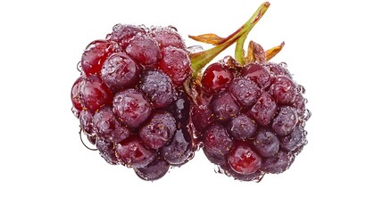 Two fresh blackberries with water droplets on a white background.