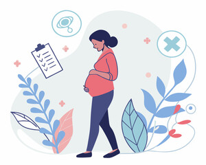Pregnant Woman Preparing for Birth. Vector illustration of a pregnant woman holding her belly, surrounded by medical symbols and a checklist. Concept of pregnancy preparation, maternity care.