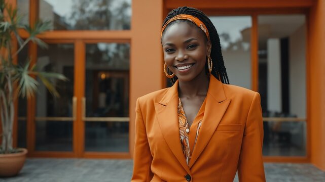 Good-looking african gal front of orange themed elegant house on a business attire smiling