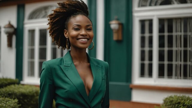 Good-looking african gal front of green themed elegant house on a business attire smiling
