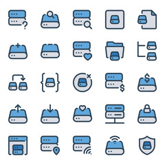 Filled blue outline icons set for Data storage, server.