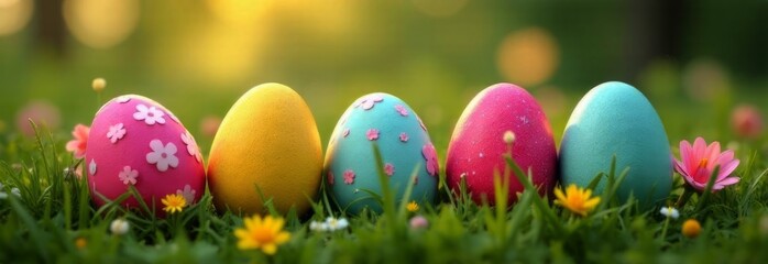 Colorful Easter banner showcasing vibrant eggs in lush green meadow surrounded by cheerful flowers. Perfect for celebrating spring, holiday festivities, this digital design radiates joy, brightness.