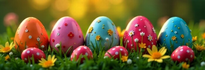 Colorful Easter banner showcasing vibrant eggs in lush green meadow surrounded by cheerful flowers. Perfect for celebrating spring, holiday festivities, this digital design radiates joy, brightness.