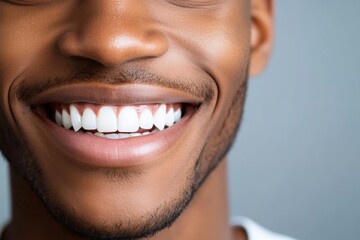 Fototapeta premium Close-up of smiling man showing perfect white teeth: dental health and hygiene concept