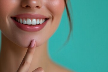 Fototapeta premium Woman showing perfect smile and touching chin with finger on turquoise background