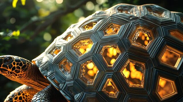 Intricate turtle shell design with hexagon patterns bathed in warm glowing light indoors