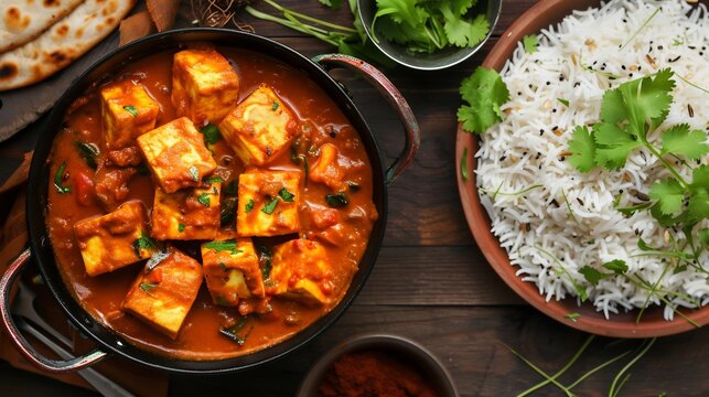 Vibrant red orange curry with soft grilled paneer cubes simmering in rich tomato based gravy paired with perfectly cooked cumin rice