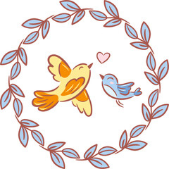 Two cute birds in a sketched style together with a heart, symbolizing love. They are framed by a circular wreath of leaves, creating a harmonious and charming illustration that embraces affection.