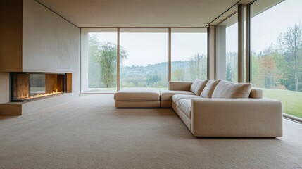 Fototapeta premium A spacious living room with a soft beige sofa, two armrests, and an ottoman in front, all positioned near a large window