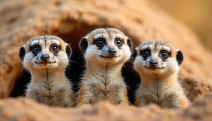 Three adorable meerkats stand closely together staring attentively from burrow. Group of suricates look alert, watchful in warm light. Soft-focus background enhances features, innocence, family