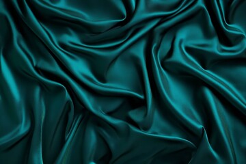 Obraz premium Green silk satin velvet. Wavy soft folds. Smooth. Shiny fabric. Luxurious dark teal background with copy space for design. Table top view. Flat lay. Empty.