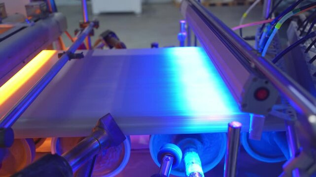 Factory workshop employs advanced UV curing technology to finish lamination of plastic windowsills. Plastic windowsills undergo lamination with UV light