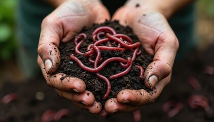 Close-up of vermiculturist hands handling handful of dark compost with earthworms. Healthy soil, vermicomposting. Sustainable agriculture, eco-friendly waste management. Organic fertilizer from worm