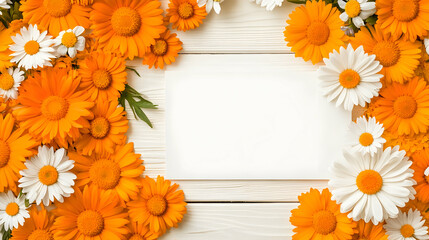 A frame of strewn spring flowers encircles a blank white picture frame.